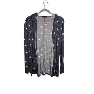 Lucky Brand Star Print Open Cardigan With Hood XS Navy & White Womens Soft Knit